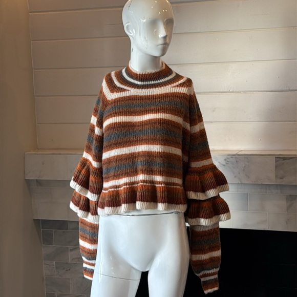 Current Air Mustard Strip Mock Neck Ruffled Sweater Size Small - Picture 4 of 15